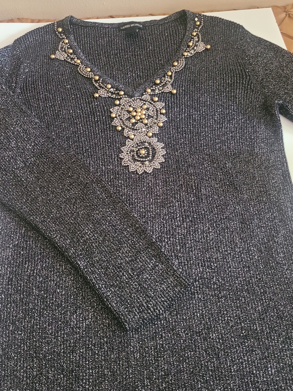 Lauren Michelle Metallic Beaded V-Neck Sweater - Black & Silver